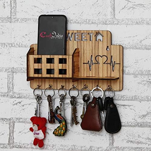 Ecraftindia Sweet Home Multiutility 7 kukice drveni držač mobitela i držač ključeva