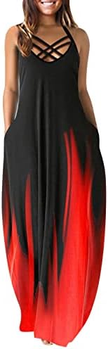 FQZWONG Ženske boemske maxi haljine s džepovima Ljetni seksi špageti remen v vrat običan/šarene ležerne duge haljine