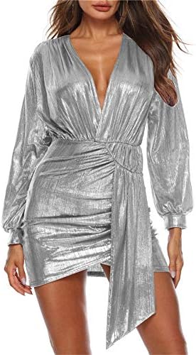 Andongnywell ženska seksi duboki V vrat Dugi rukavi metalna haljina Shiny Metallic Glitter nepravilne haljine