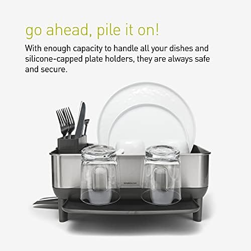 SimpleHuman kompaktna kuhinjska jela, nosač za sušenje s okretnim izljevom, okvir od nehrđajućeg čelika otpornog na otisak prsta, siva