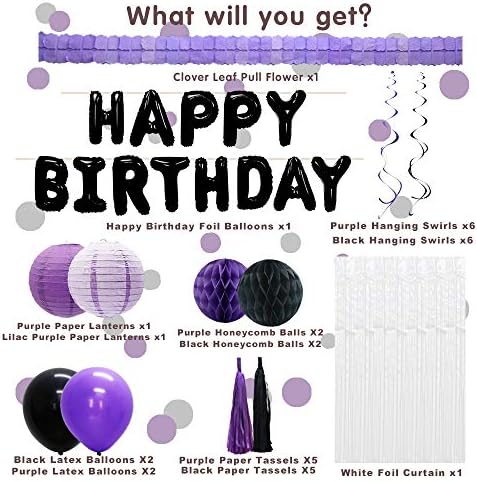 Adlkgg Purple Black Sretni Ballar Balner - Dekoracija rođendana za žene muškarce djevojčice - viseće vrtloge, papirnate lampione, kuglice