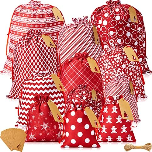 12 kom božićnih platnenih poklon vrećica s vezicama, crvene i bijele božićne poklon vrećice, platnene vrećice za višekratnu upotrebu,