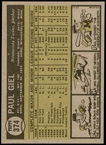 1961. Topps 374 Paul Giel Minnesota Twins NM/MT blizanci