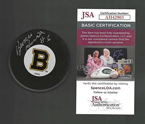 Bronco Horvath potpisao je vintage pak s logotipom Boston Bruins iz Boston Bruins - NHL PAKOVI s autogramima