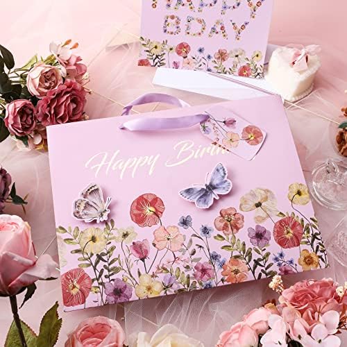 Velika poklon vrećica za rođendan od 13 s čestitkom i papirnatim papirom-elegantan dizajn s cvjetnim uzorkom i leptirom od zlatne folije
