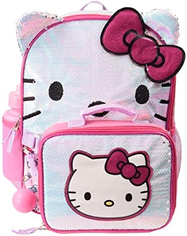 AI dodatne inovacije Hello Kitty Girls 4 komada ruksaka, iridescentni flip šljokica 16 školska torba s 3D značajkama, prednjim džepom