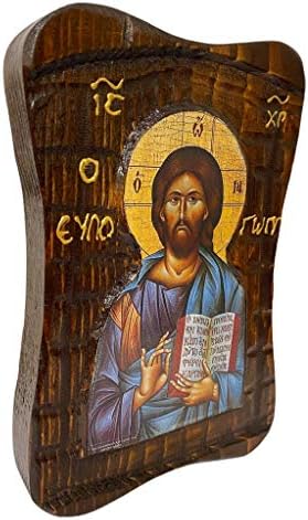 Sakis crackle stil Blagoslovljena drvena grčka kršćanska pravoslavna ikona ručno izrađena Isus Krist Blagoslovi čvrsto drvo