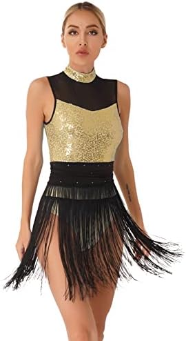 Jeeyjoo ženske šljokice leotard tassel fringe haljina za latino salsa rumba plesna kostim plesa