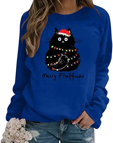 Tunuskat Womens Smiješne božićne dukserice Merry Fluffmas košulje s dugim rukavima Slatka crna mačka Mačka grafičke majice Slatke Xmas