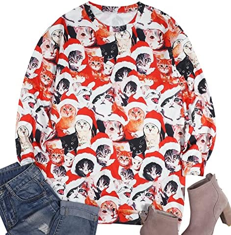 JINTING WOMENSKE DRESSKE TWEXIRT DRESS Djed Mraz tiskane mačke dugi rukavi smiješni poklon grafički tiskani košulja košulja vrh
