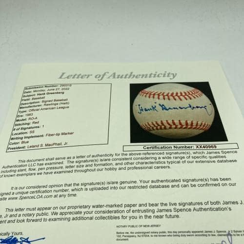 Prekrasan Hank Greenberg Single potpisao Službeni baseball američke lige JSA CoA - Autografirani bejzbol