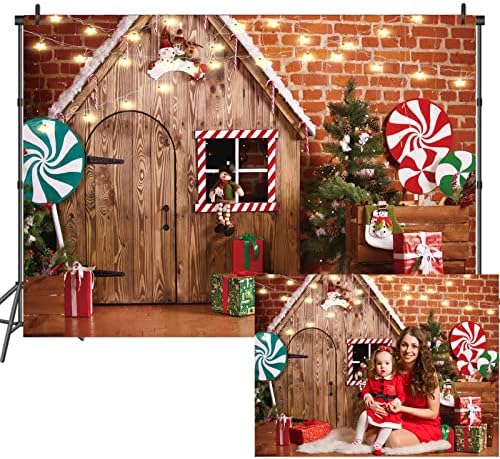 Pozadina božićne tkanine od 8 do 6 fotografija drvena kuća bombonsko drvce i pokloni za djecu stalak portretni Foto Studio rekviziti