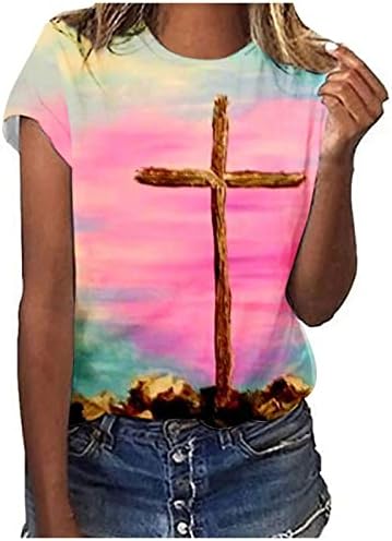 Ženske novitete cross print vrhovi 3D pejzažni grafički vintage majica Uskrsna casual bluza bluza kratkih rukava opremljena tinejdžera