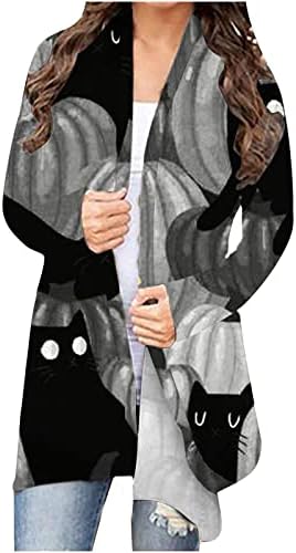 Ženska casual otvorena prednja kardigan jakna nadmašuje kapute vrhove Halloween Print dugih rukava Klasični džemper kardigana