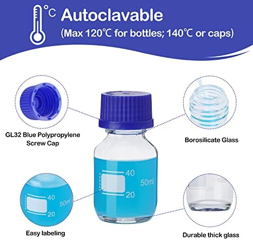 Staklene okrugle bočice za pohranu medija od 50 ml, pakiranje od 10 laboratorijskih bočica za medij s vijčanim poklopcem u plavoj boji