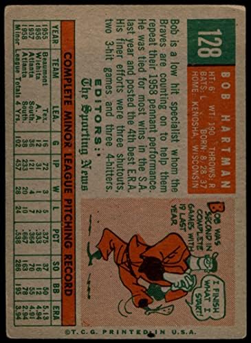 1959. Topps 128 Bob Hartman Milwaukee Braves Dean's Cards 2 - Dobri Braves
